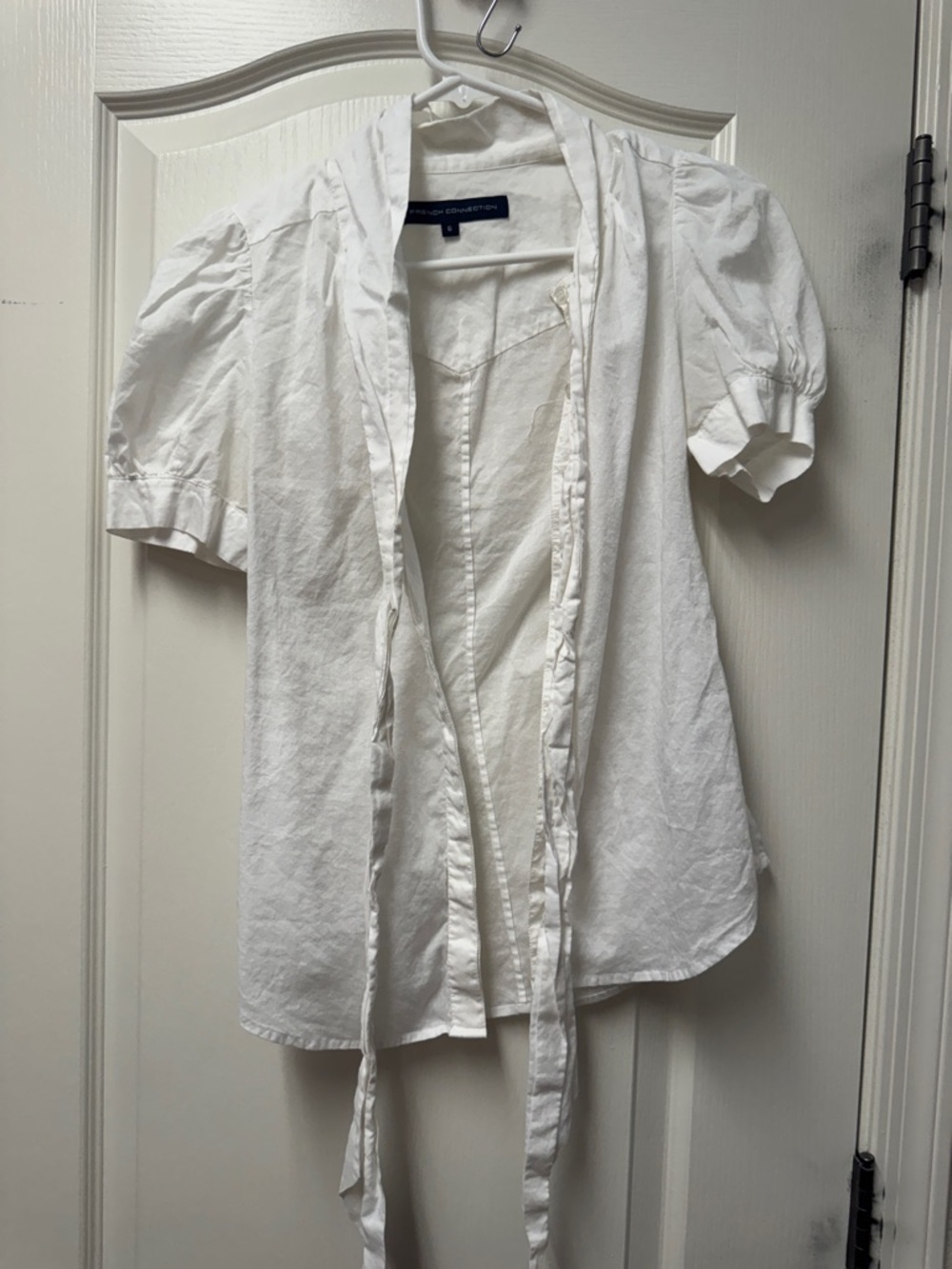 French Connection White Tie-Front Puff Sleeve Blouse